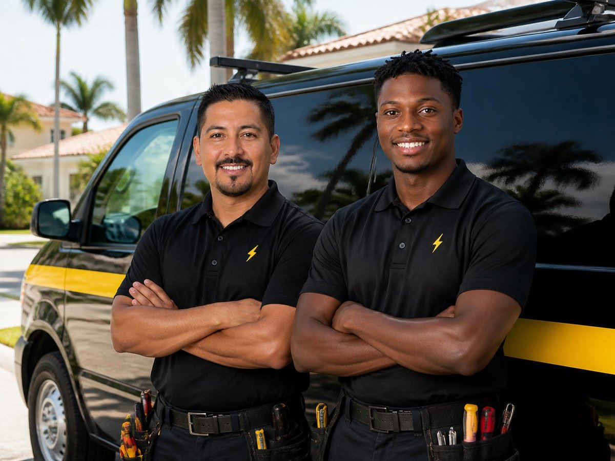 Voltwise electricians in front of a work van