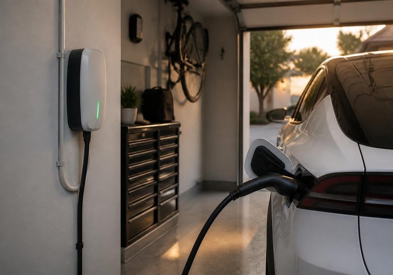 Level 2 EV charger mounted in a garage
