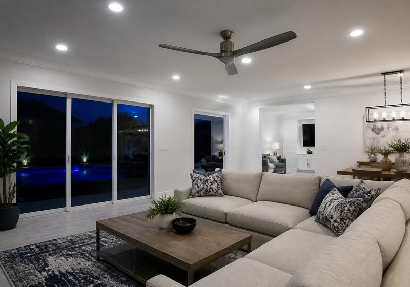Recessed lighting in a living room ceiling