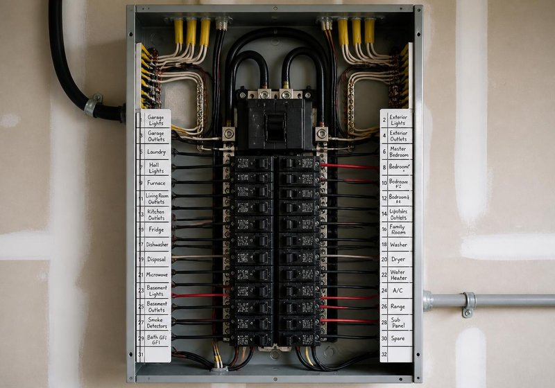 New 200 amp electrical panel with labeled breakers