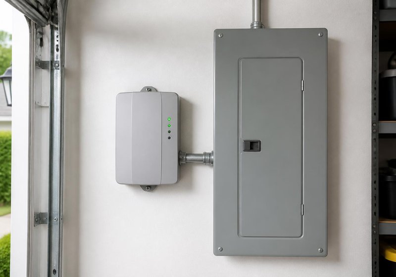 Whole-home surge protector installed next to a panel