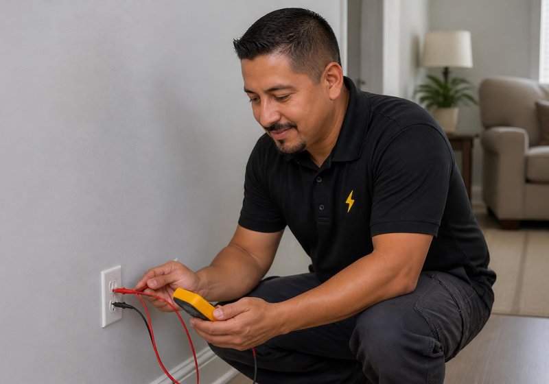 Electrician using a multimeter on an outlet
